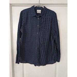 J Crew Navy Blue Eyelet Button Down Shirt Classic Fit Long Sleeve Size 16
